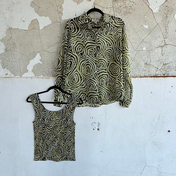 Vintage Pleated Crinkle Tank 90s Carina Abstract Swirl Art Print Micropleat Top - Picture 6 of 6